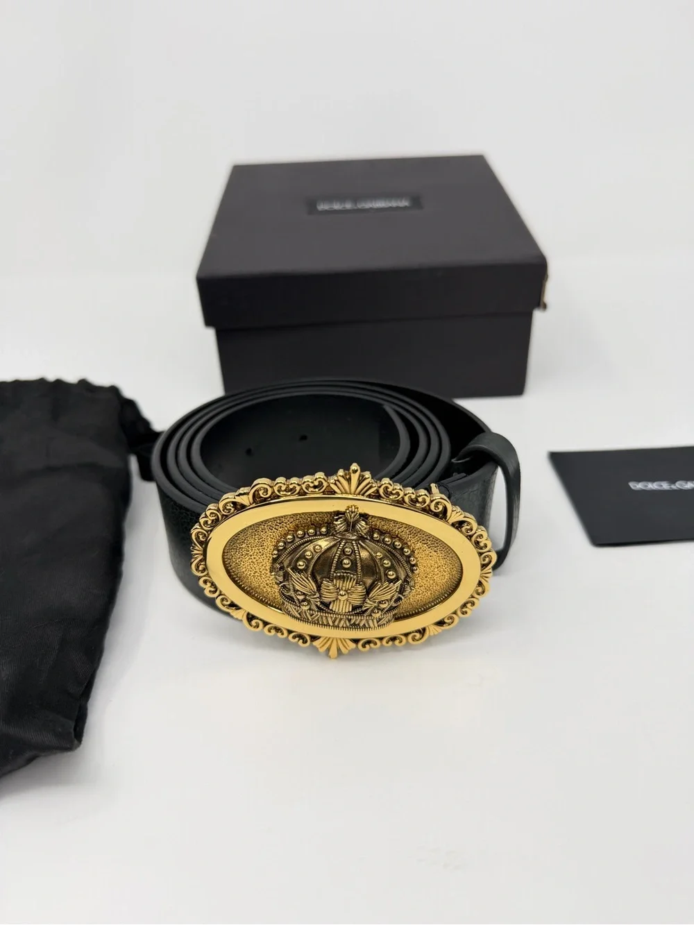 Dolce & Gabbana Black Leather Belt with Gold Ornate Medallion Buckle